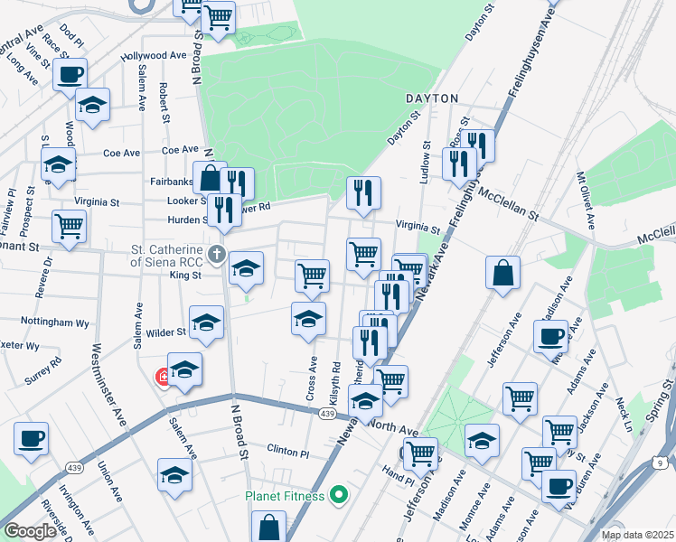map of restaurants, bars, coffee shops, grocery stores, and more near 1029 Cross Avenue in Elizabeth