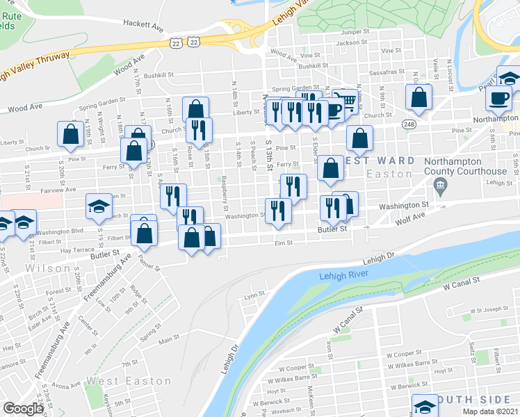 map of restaurants, bars, coffee shops, grocery stores, and more near 1301 Lehigh Street in Easton
