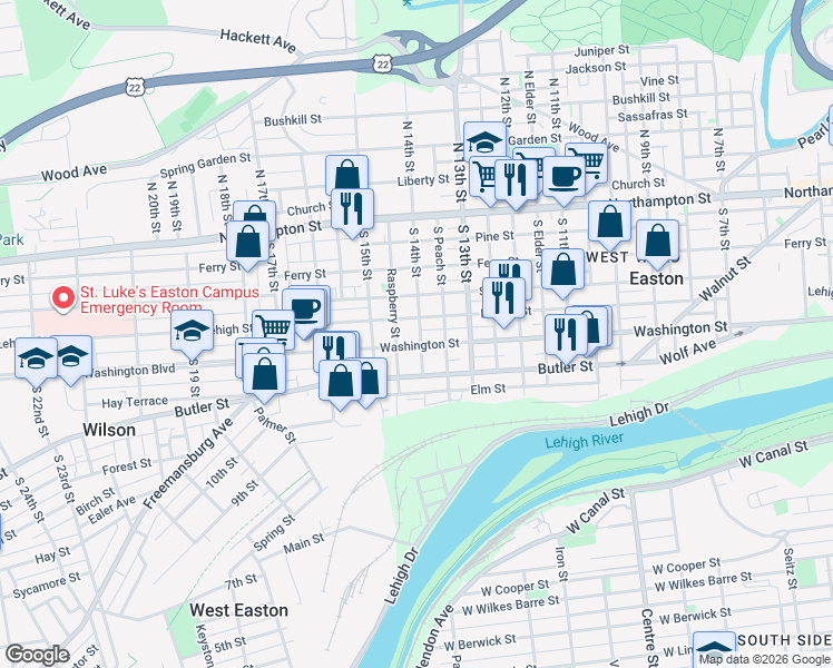 map of restaurants, bars, coffee shops, grocery stores, and more near 1343 Lehigh Street in Easton