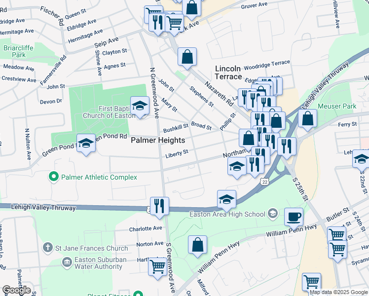 map of restaurants, bars, coffee shops, grocery stores, and more near 2700 Spring Garden Street in Easton