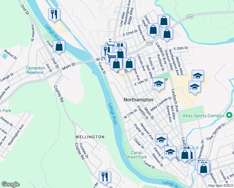 map of restaurants, bars, coffee shops, grocery stores, and more near 1801 Newport Avenue in Northampton