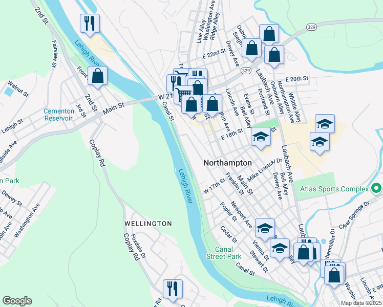 map of restaurants, bars, coffee shops, grocery stores, and more near 1801 Newport Avenue in Northampton