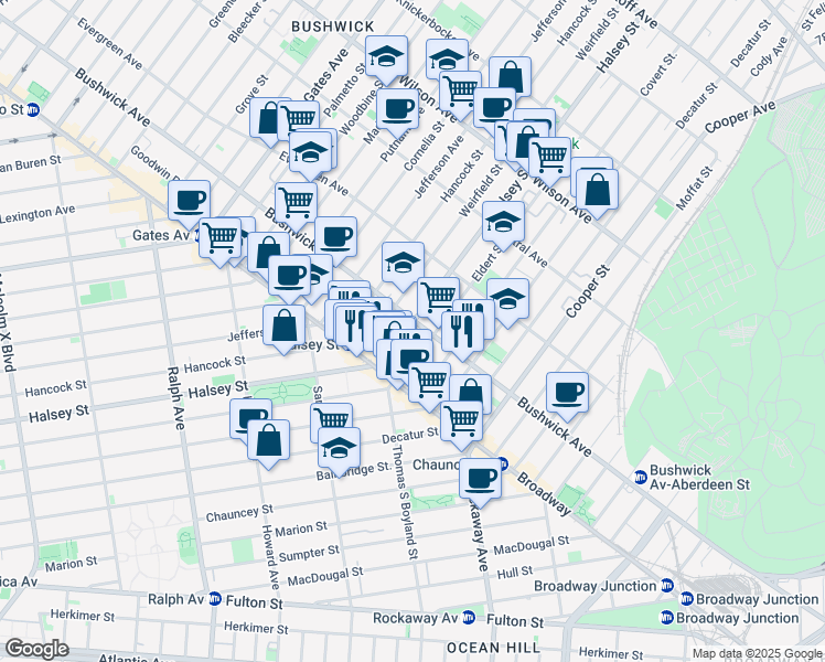 map of restaurants, bars, coffee shops, grocery stores, and more near 1024 Halsey Street in Brooklyn