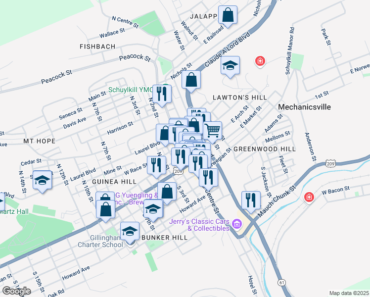 map of restaurants, bars, coffee shops, grocery stores, and more near 212 North Centre Street in Pottsville