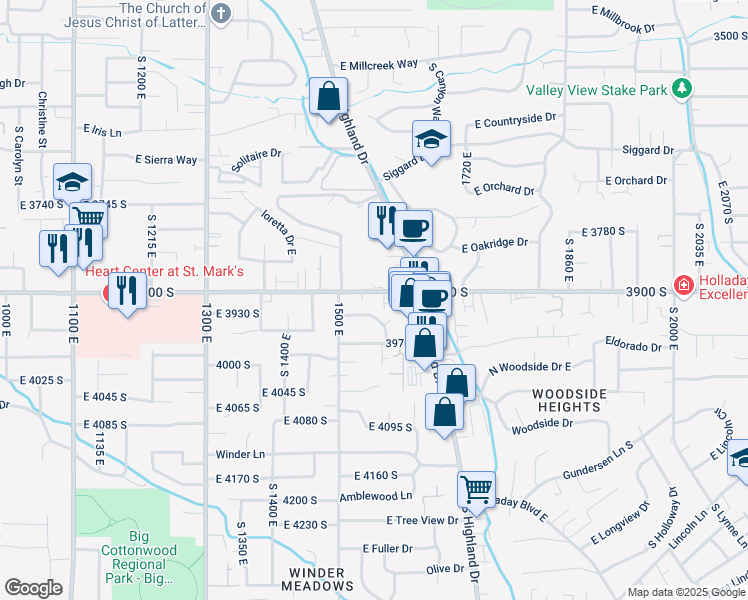 map of restaurants, bars, coffee shops, grocery stores, and more near 1562 East 3900 South in Millcreek