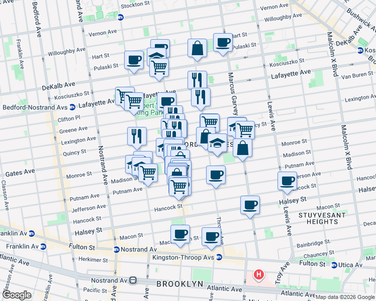 map of restaurants, bars, coffee shops, grocery stores, and more near 416 Quincy Street in Brooklyn