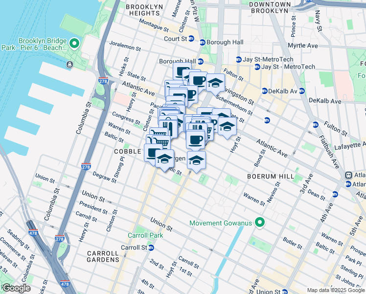 map of restaurants, bars, coffee shops, grocery stores, and more near 134 Boerum Place in Brooklyn
