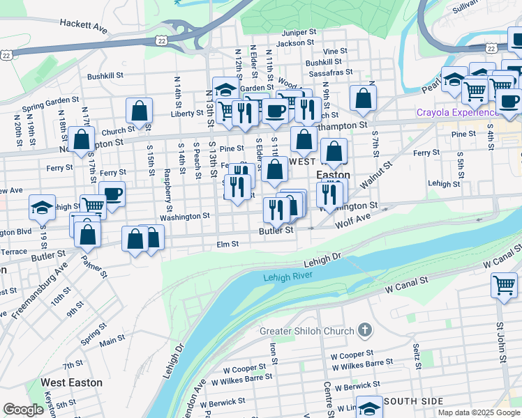 map of restaurants, bars, coffee shops, grocery stores, and more near 1131 Washington Street in Easton