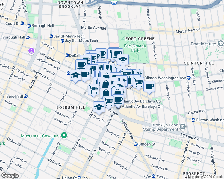 map of restaurants, bars, coffee shops, grocery stores, and more near 15 Lafayette Avenue in Brooklyn