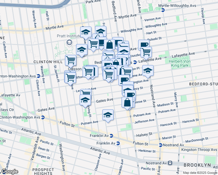 map of restaurants, bars, coffee shops, grocery stores, and more near 354 Franklin Avenue in Brooklyn