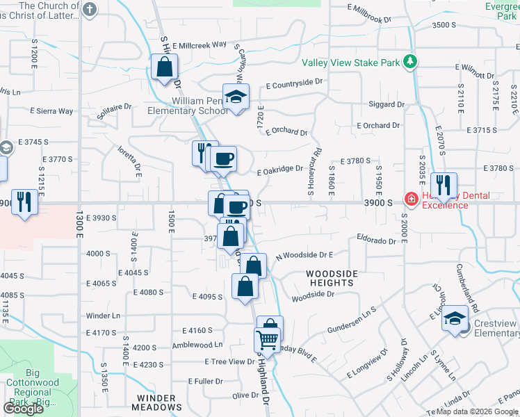 map of restaurants, bars, coffee shops, grocery stores, and more near 3905 South Holladay Court in Millcreek