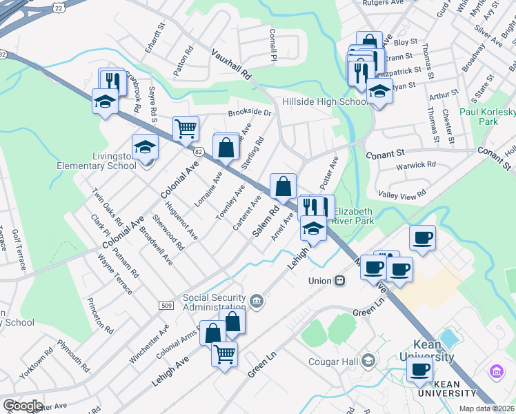 map of restaurants, bars, coffee shops, grocery stores, and more near 986 Carteret Avenue in Union
