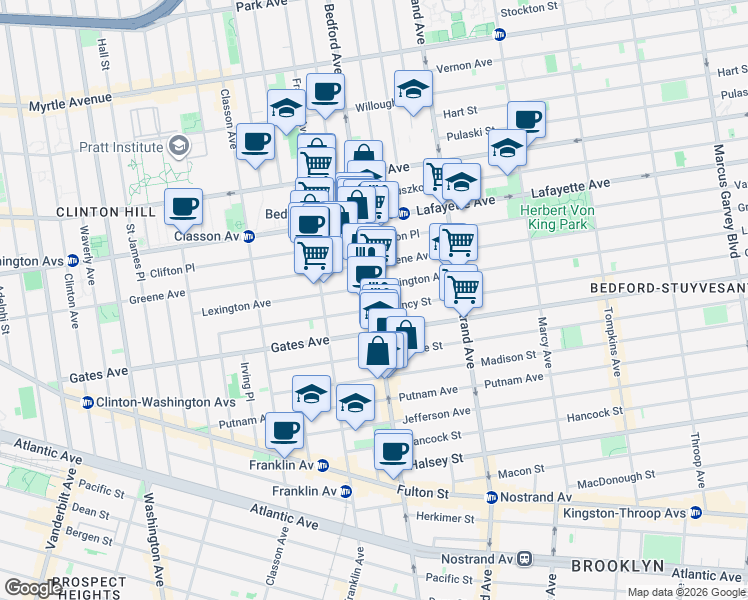 map of restaurants, bars, coffee shops, grocery stores, and more near 1065 Bedford Avenue in Brooklyn