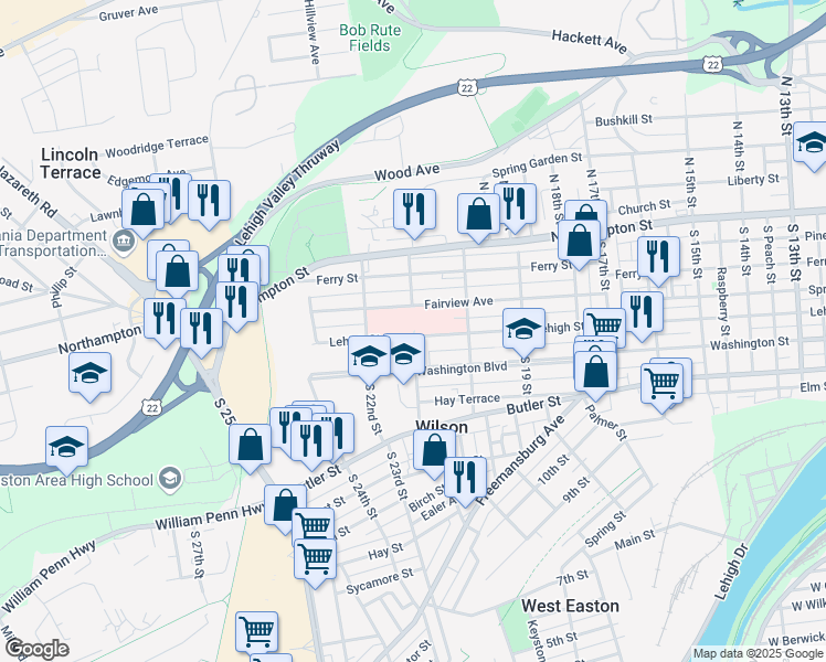 map of restaurants, bars, coffee shops, grocery stores, and more near 127 South 21st Street in Easton