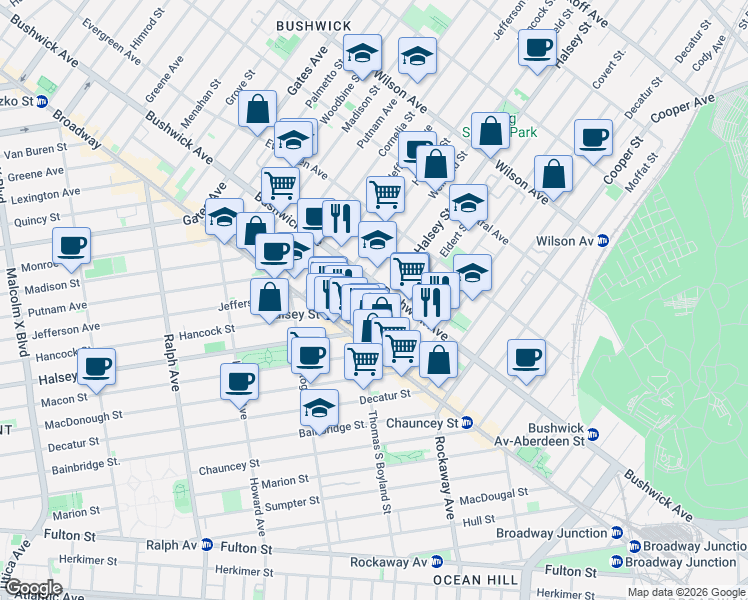 map of restaurants, bars, coffee shops, grocery stores, and more near 1259 Bushwick Avenue in Brooklyn