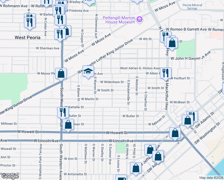 map of restaurants, bars, coffee shops, grocery stores, and more near 200 South DuSable Street in Peoria