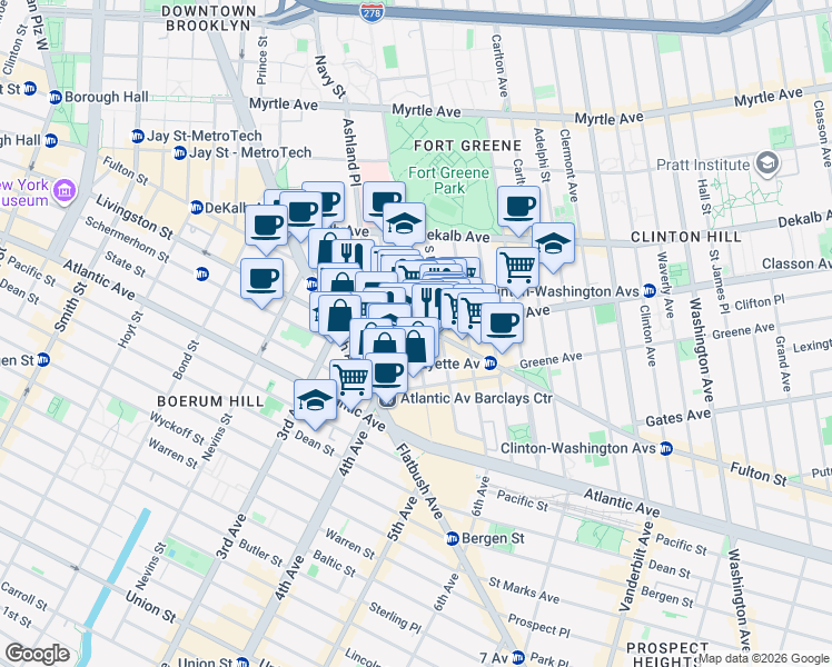 map of restaurants, bars, coffee shops, grocery stores, and more near Fort Greene Place in Brooklyn