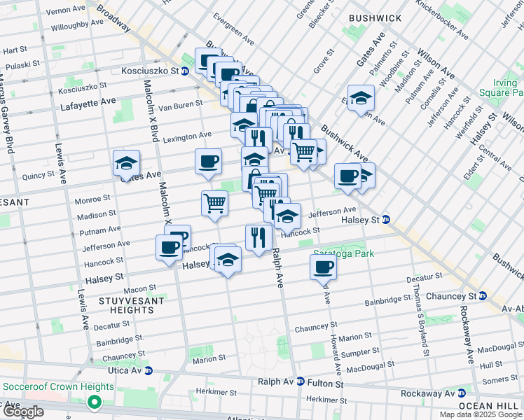 map of restaurants, bars, coffee shops, grocery stores, and more near 952 Putnam Avenue in Brooklyn
