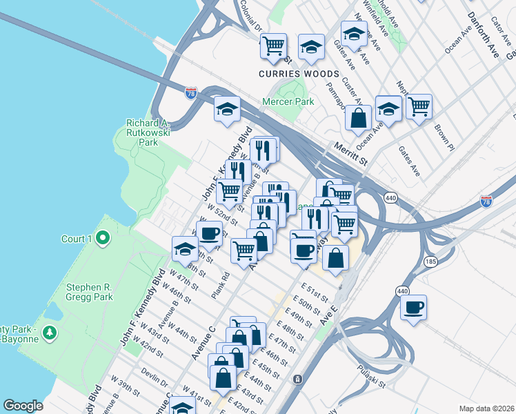map of restaurants, bars, coffee shops, grocery stores, and more near 300 Avenue B in Bayonne
