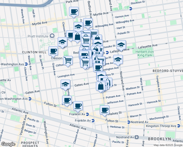 map of restaurants, bars, coffee shops, grocery stores, and more near 159 Lexington Avenue in Brooklyn