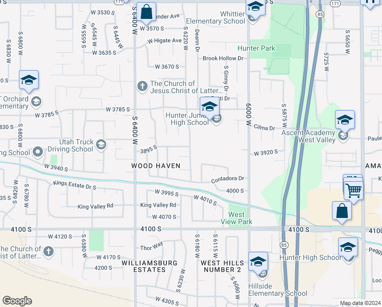 map of restaurants, bars, coffee shops, grocery stores, and more near 3899 Chatterleigh Road in West Valley City
