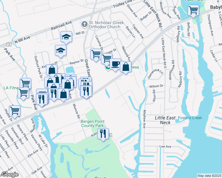 map of restaurants, bars, coffee shops, grocery stores, and more near 580 Montauk Highway in West Babylon
