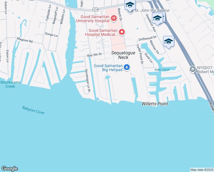 map of restaurants, bars, coffee shops, grocery stores, and more near 827 West Bay Drive in West Islip