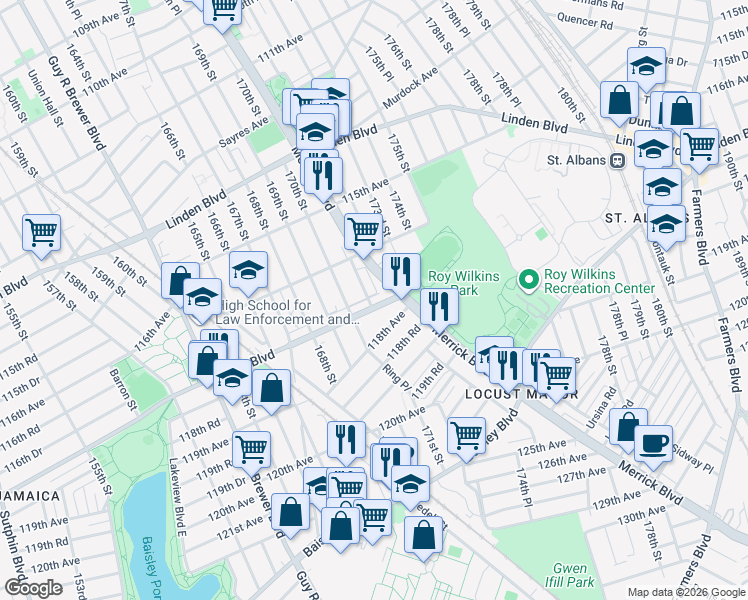 map of restaurants, bars, coffee shops, grocery stores, and more near 116-30 Merrick Boulevard in Queens