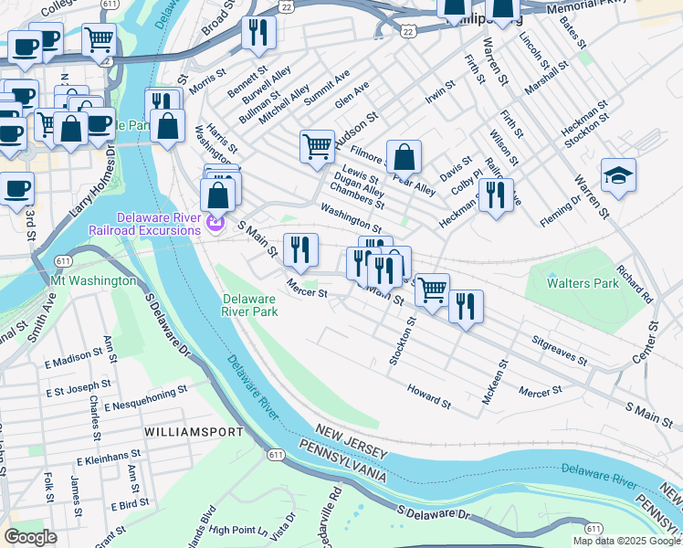 map of restaurants, bars, coffee shops, grocery stores, and more near S Main St & Sitgreaves St in Phillipsburg