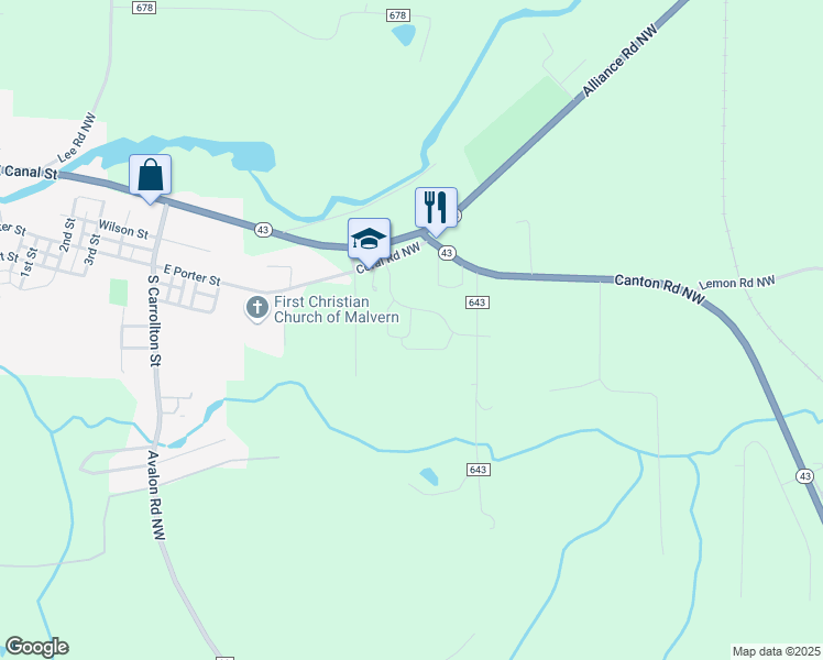 map of restaurants, bars, coffee shops, grocery stores, and more near 3266 Coral Road Northwest in Malvern