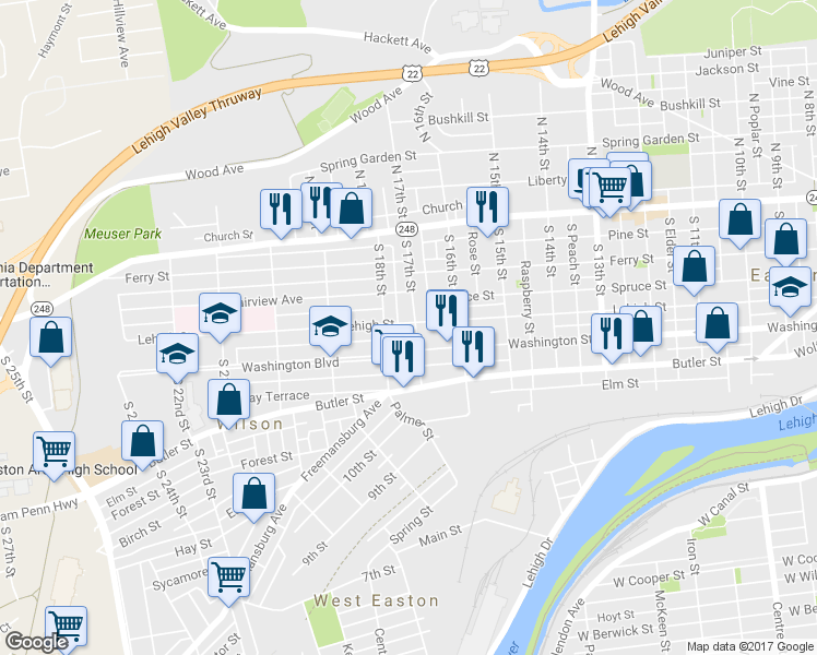 map of restaurants, bars, coffee shops, grocery stores, and more near 203 South 17th Street in Easton