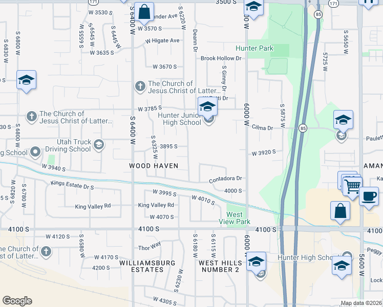 map of restaurants, bars, coffee shops, grocery stores, and more near 6216 Chatterleigh Avenue in West Valley City