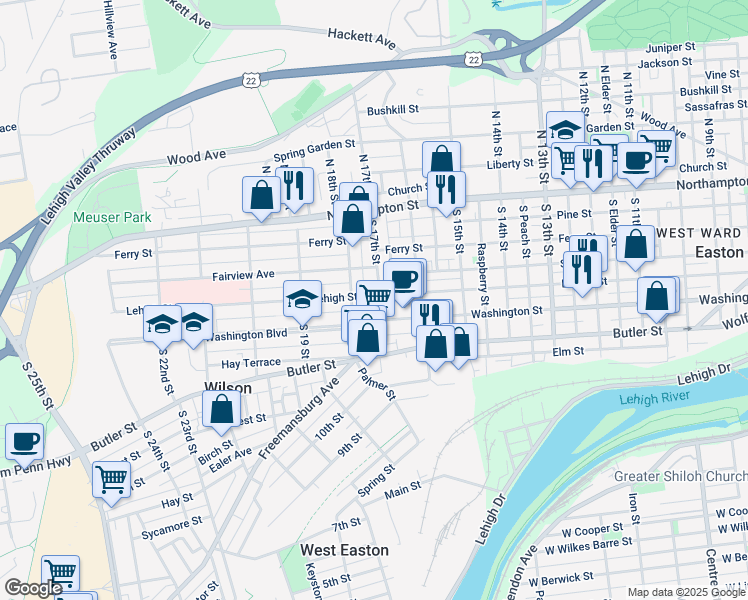 map of restaurants, bars, coffee shops, grocery stores, and more near 203 South 17th Street in Easton