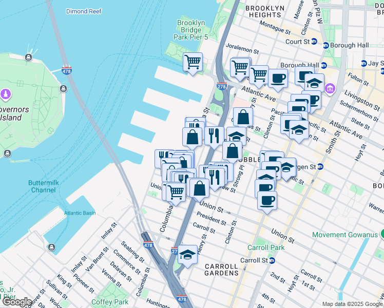 map of restaurants, bars, coffee shops, grocery stores, and more near 147 Columbia Street in Brooklyn