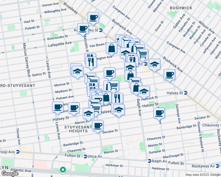 map of restaurants, bars, coffee shops, grocery stores, and more near 729 Madison Street in Brooklyn