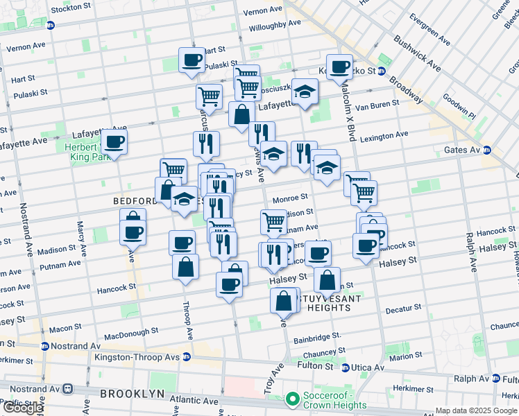 map of restaurants, bars, coffee shops, grocery stores, and more near 515 Monroe Street in Brooklyn