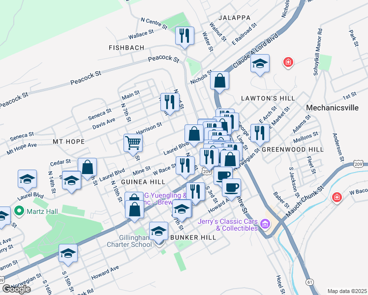 map of restaurants, bars, coffee shops, grocery stores, and more near 307 Laurel Boulevard in Minersville