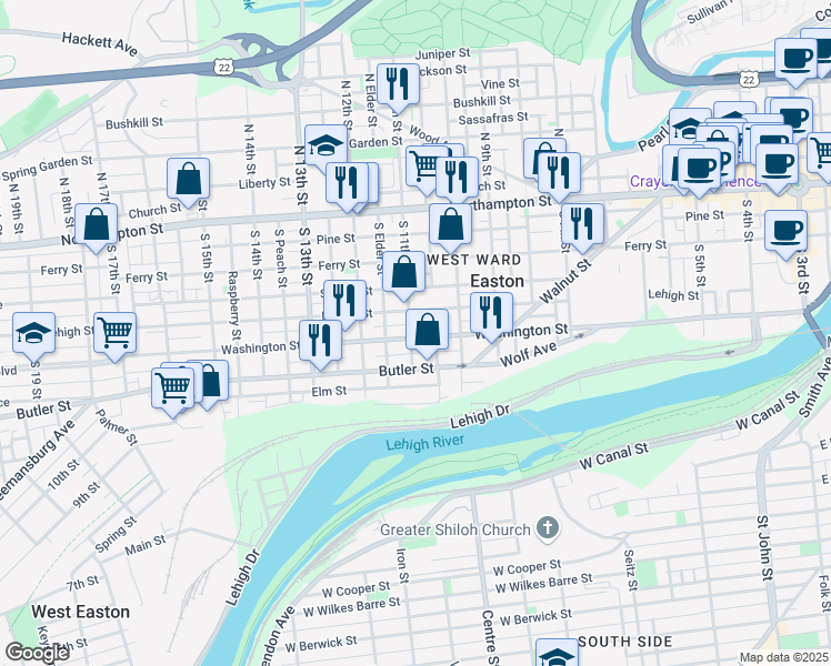 map of restaurants, bars, coffee shops, grocery stores, and more near 1055 Washington Street in Easton