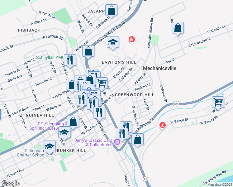 map of restaurants, bars, coffee shops, grocery stores, and more near 411 East Norwegian Street in Pottsville