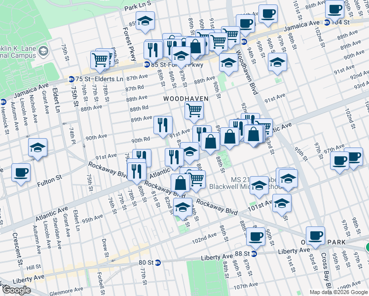 map of restaurants, bars, coffee shops, grocery stores, and more near 91-13 85th Street in Queens