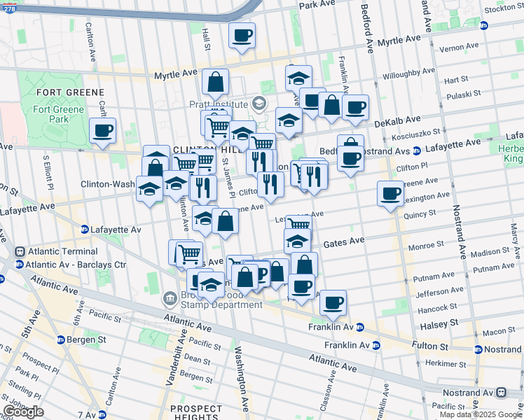 map of restaurants, bars, coffee shops, grocery stores, and more near 30 Clifton Place in Brooklyn