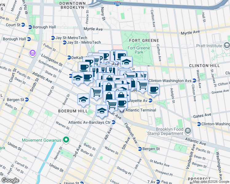 map of restaurants, bars, coffee shops, grocery stores, and more near 15 Lafayette Avenue in Brooklyn