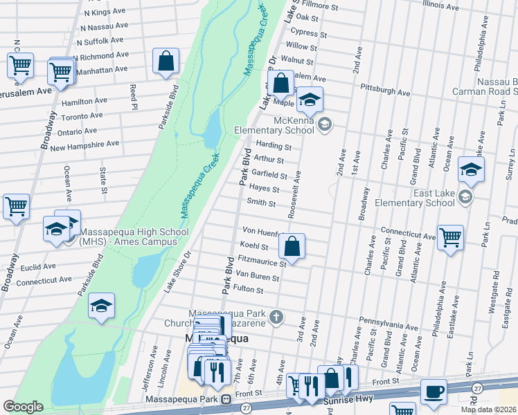 map of restaurants, bars, coffee shops, grocery stores, and more near 150 Hayes Street in Massapequa Park