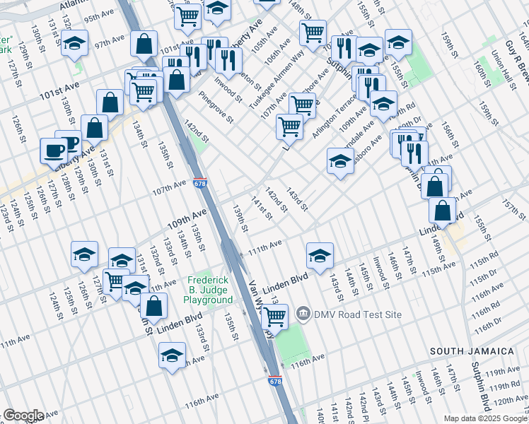 map of restaurants, bars, coffee shops, grocery stores, and more near 109-18 142nd Street in Queens