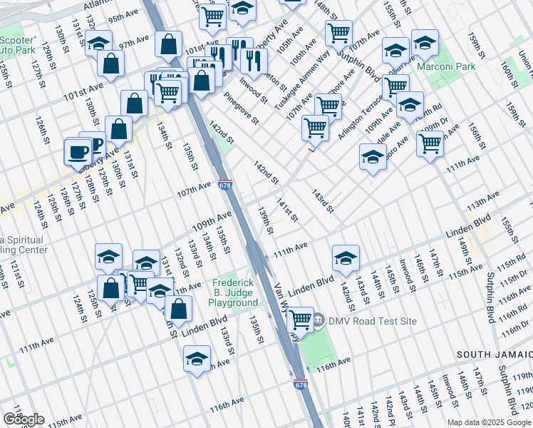 map of restaurants, bars, coffee shops, grocery stores, and more near 13914 109th Avenue in Queens
