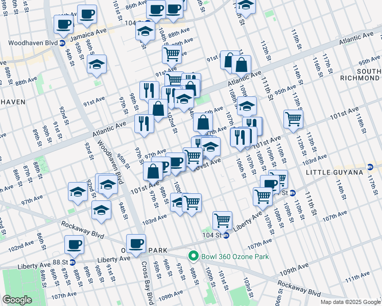 map of restaurants, bars, coffee shops, grocery stores, and more near 103-02 97th Avenue in Queens