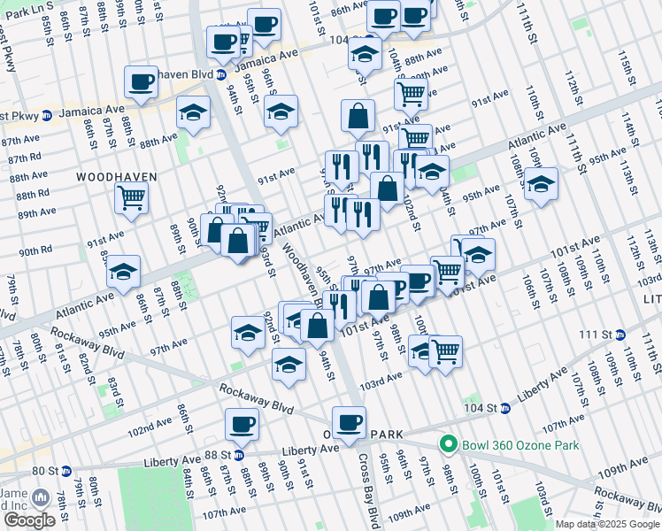 map of restaurants, bars, coffee shops, grocery stores, and more near 94-37 96th Street in Queens