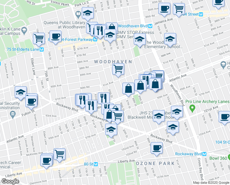 map of restaurants, bars, coffee shops, grocery stores, and more near 91-13 85th Street in Queens