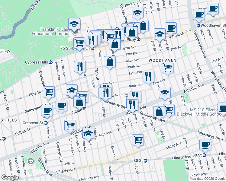 map of restaurants, bars, coffee shops, grocery stores, and more near 90-10 78th Street in Queens