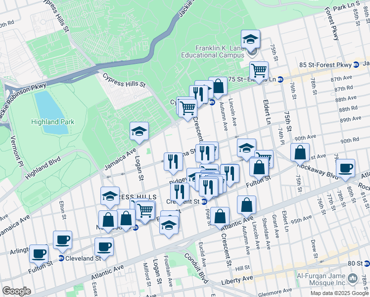 map of restaurants, bars, coffee shops, grocery stores, and more near 49 Euclid Avenue in Brooklyn